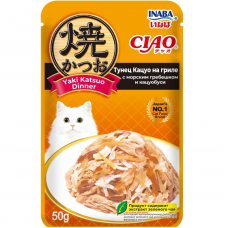 INABA влажный корм для кошек Yaki Katsuo Dinner Тунец Кацуо на гриле с морским гребешком и кацуобуси, 50 г